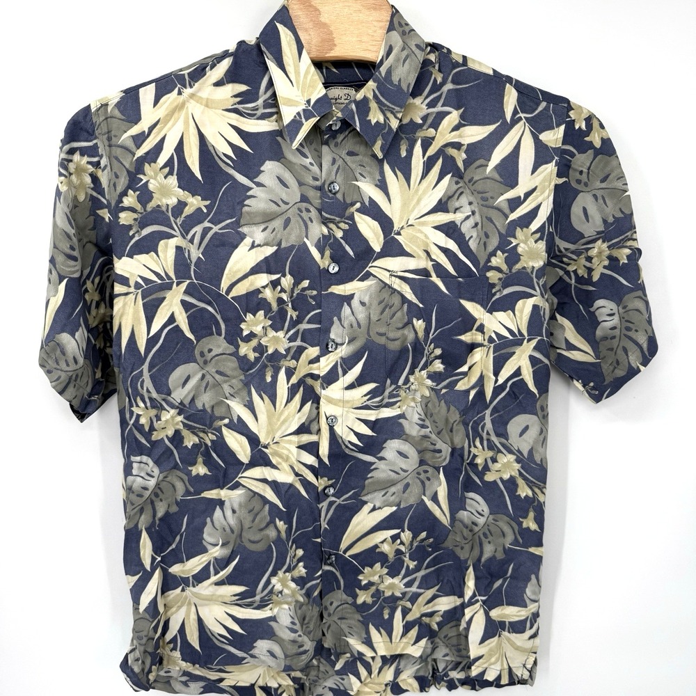 Straight Down Shirt Mens L Blue Floral Monstera Tropical Aloha Rayon 1204 USA
